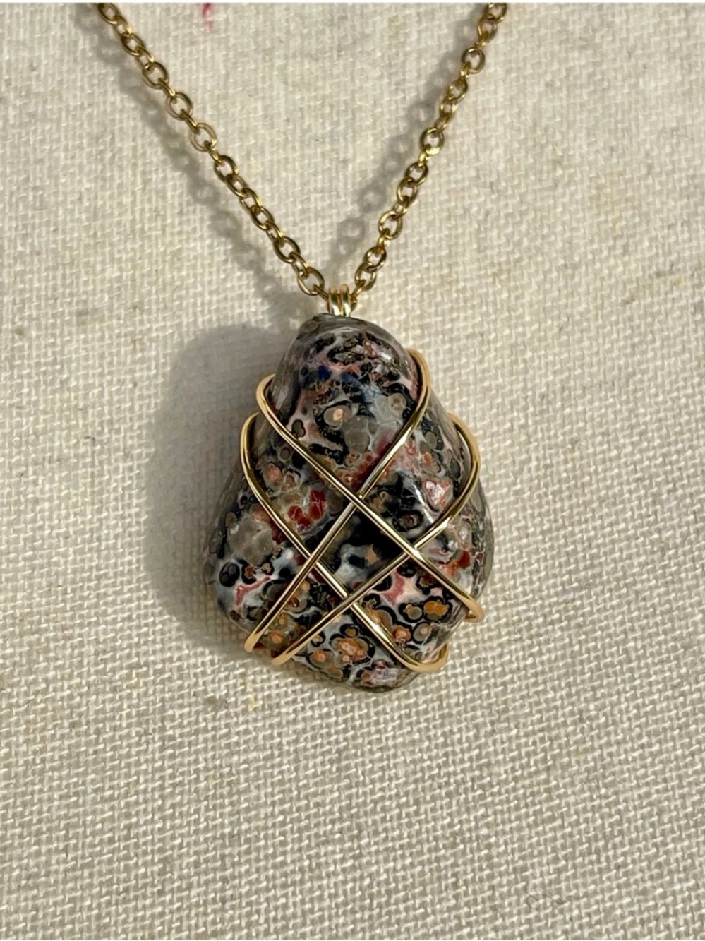 Jaguar Jasper Pendant Necklace Gold-Wrapped Multicolor Stone
